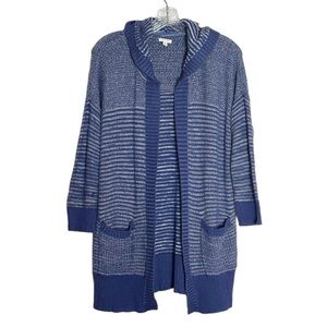 Sonoma 100% Cotton Size L Comfy Slouchy Hooded Open Cardigan Blue Marled Knit